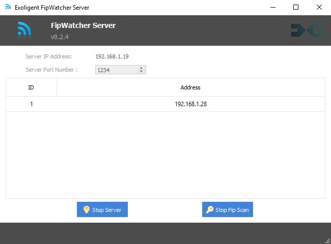 FipWatcher server GUI with one connection